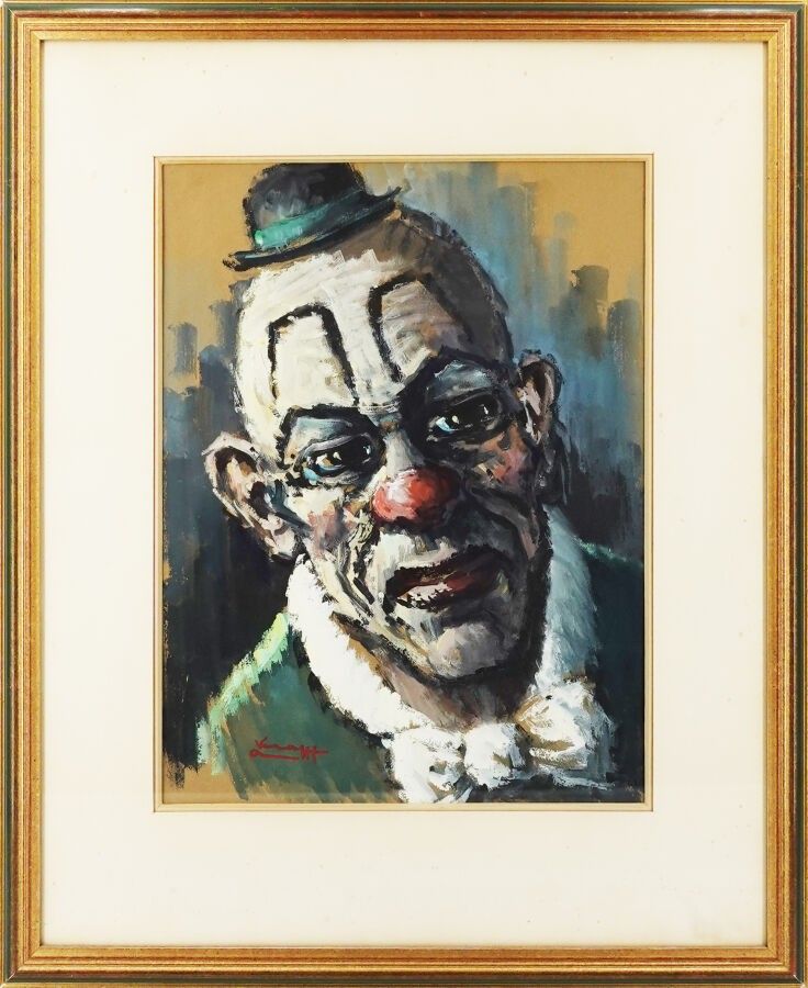 Ecole du XXe s. Clown Gouache sur papier, signée en bas à gauche 34 x 26 cm