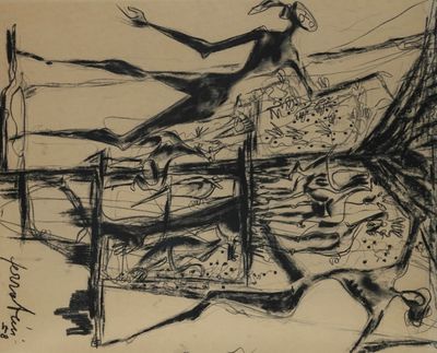 an image of a drawing of a woman on a fence with a dog
