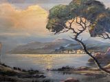 a painting of a tree on the shore of a lake