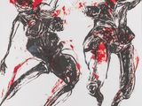 deux dessins en noir et rouge représentant un homme et une femme en train de danser