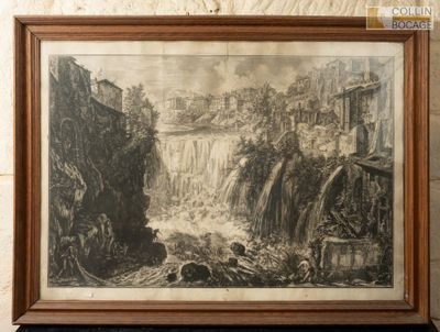 une vieille photo représentant une peinture d'une cascade, dans un cadre en bois