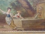 a painting on the wall of a room with a painting of a woman and two children