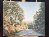 an oil painting of a road in a wooded area with trees in the background