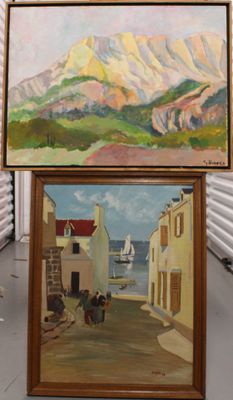 two paintings of people walking down a street in front of a mountain