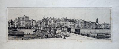 dessin représentant une vue d'une ville avec un pont et des bâtiments