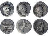 six pièces de monnaie romaines anciennes, dont l'une représente la tête d'un homme et une autre celle d'une femme