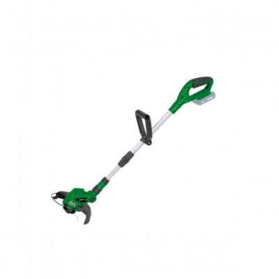 a green and white string trimmer on a white background