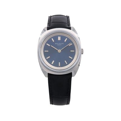 an image of a wrist watch with a blue dial and black leather strap