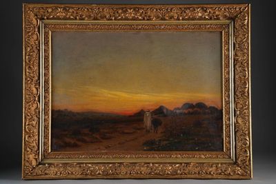 a painting of a man walking down a dirt road at sunset