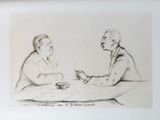drawing of two men sitting at a table with a bowl of food