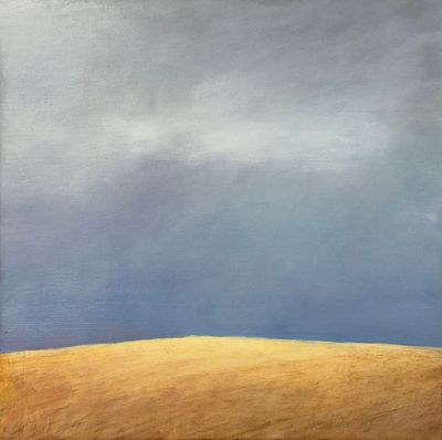 an oil painting of a field with a lone tree in the distance
