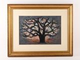 painting of a tree in a gold frame on a white wall