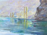 an oil painting of a boat in a body of water next to a cliff