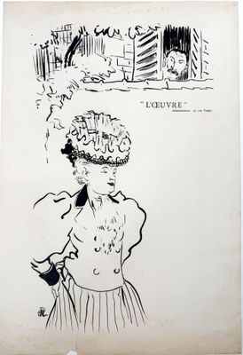 an old drawing of a woman with a hat on her head