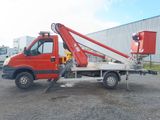 a red truck with a crane on the back of it