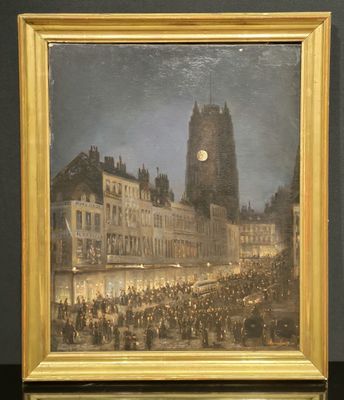 painting of a street scene with a clock tower in the background