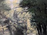a painting of a dirt road with trees in the background