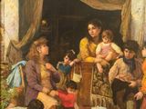 an image of a painting of a family gathering outside a house