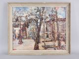 an oil painting of a street scene with a bench in the foreground
