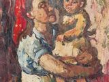 an oil painting of a woman holding a child in her arms