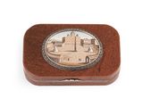 a small box with a picture of a castle on it
