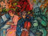 an oil painting of a group of people sitting around a table
