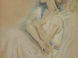 tableau représentant une femme vêtue d'une robe blanche, portant des perles autour du cou