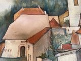 a watercolor painting of a town with a clock tower