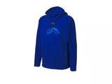 Le sweat à capuche bleu porte un logo.