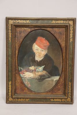 an old painting of a woman in a red hat holding a book