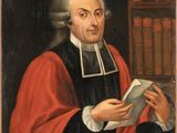 a painting of a man reading a book in a library