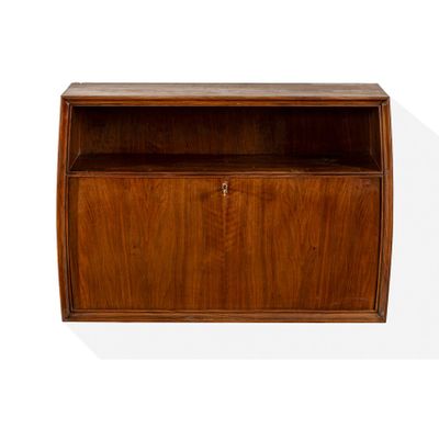 an image of a wooden bookcase with a door open