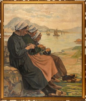painting of a group of people sitting on a rock next to a body of water
