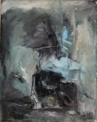an oil painting of a dog with an umbrella in a room