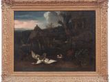 a painting of a dog and a duck in a wooded landscape