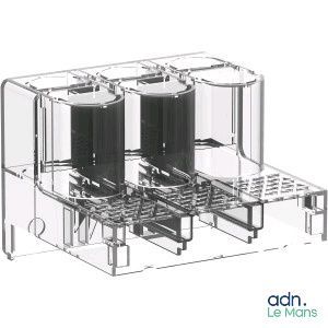 clear acrylic display case with three large tanks on top of it