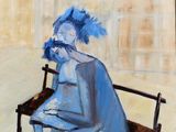 an oil painting of a woman sitting on a bench with a blue hair