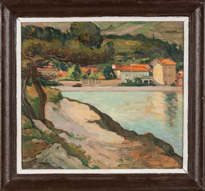 une peinture à l'huile représentant une vue de plage avec des maisons en arrière-plan
