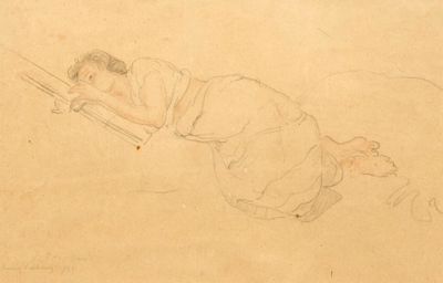 dessin représentant une femme allongée sur le dos, tenant une épée