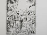 drawing of a group of people standing in a field with trees