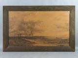 un tableau représentant un paysage avec des arbres au loin et des nuages dans le ciel