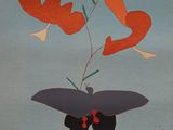 une peinture représentant un papillon et des fleurs sur fond bleu
