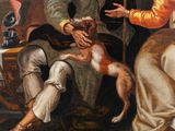 painting of a man and a woman sitting on a couch with a dog