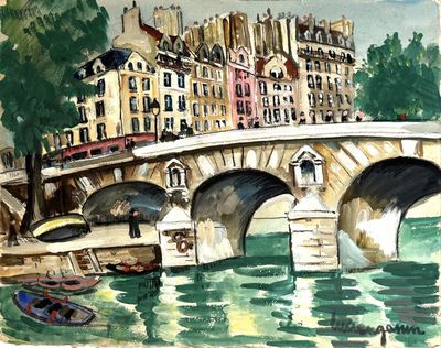a painting of a bridge over a body of water