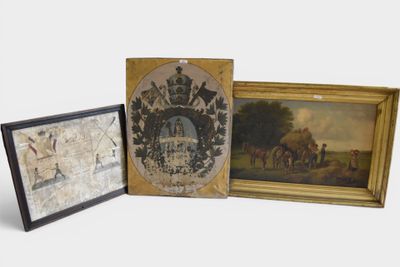 three framed paintings of horses and riders in a landscape