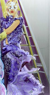 painting of a woman in a purple dress sitting on a step ladder