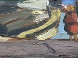 a painting of a woman standing on a dock next to a boat
