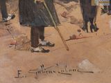 a painting of a man walking down the street with a cane