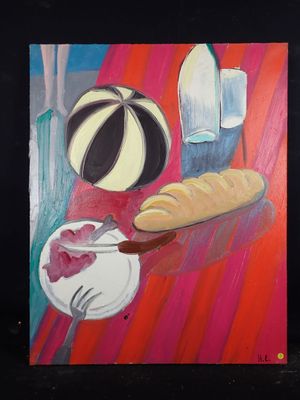 un tableau représentant une table sur laquelle sont posés du pain et du vin