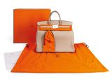 an orange and grey bag sitting on top of an orange blanket